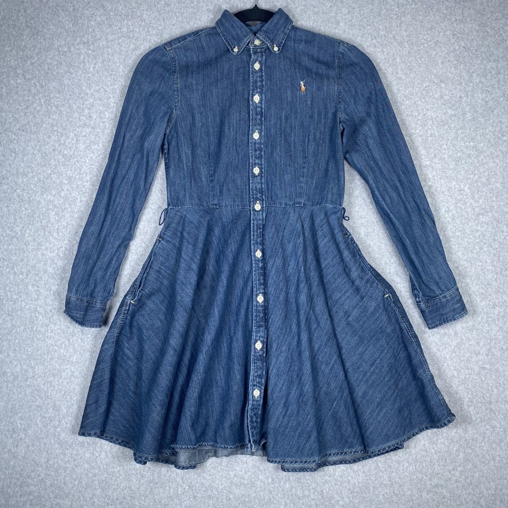 Ralph Lauren Denim Shirt Dress Girls 12 Blue Long Sleeve Fit & Flare Pony Logo